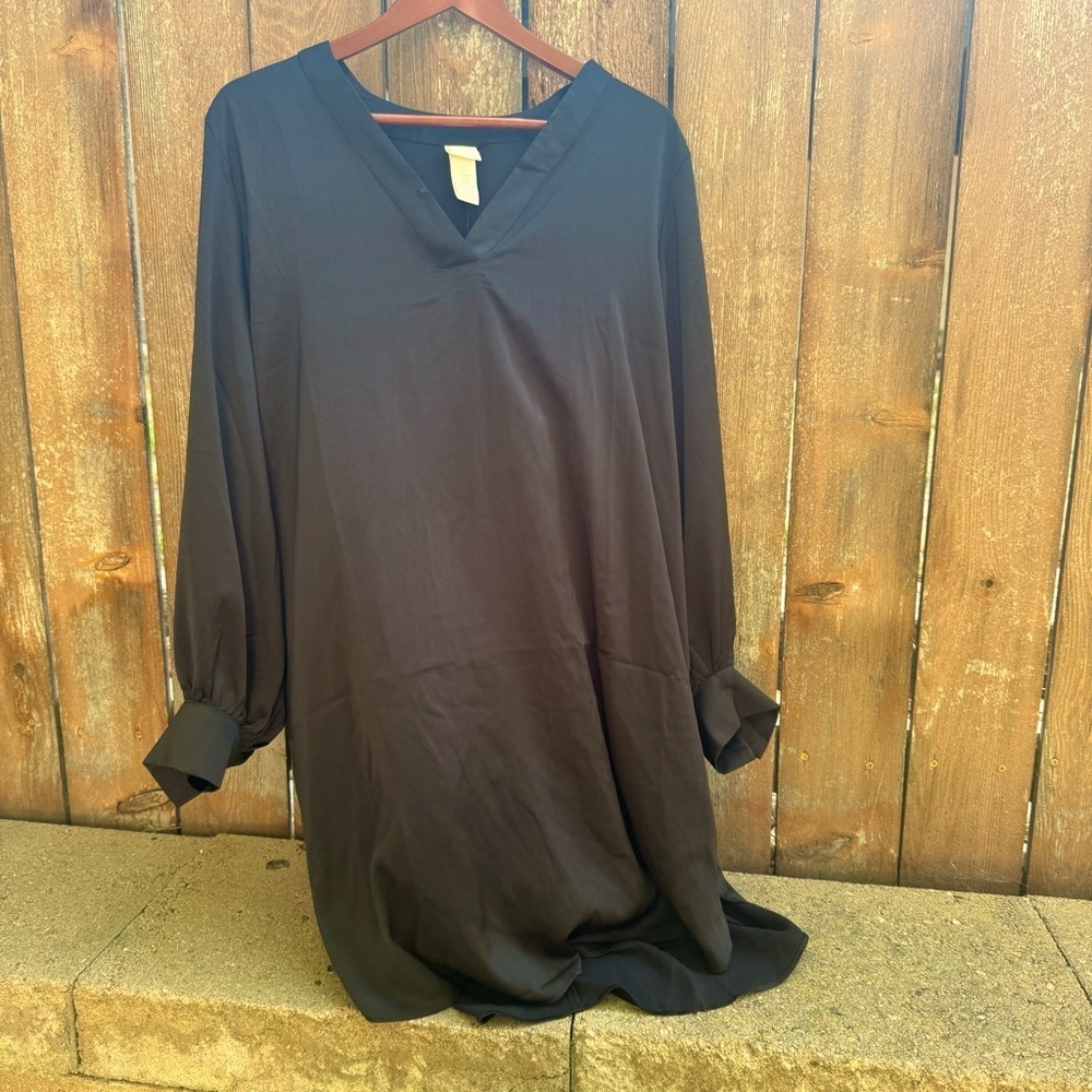 H&M Women’s Black Satin V Neck Long Sleeve Babydoll Loose Shirt Dress Medium
